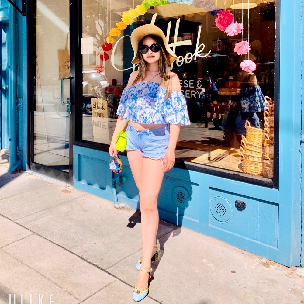 blue floral print off-the-shoulder top